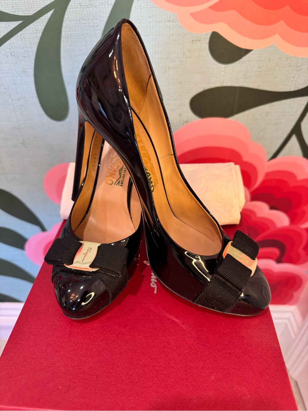 Salvatore Ferragamo Black Patent Vara Bow High Heel Pumps